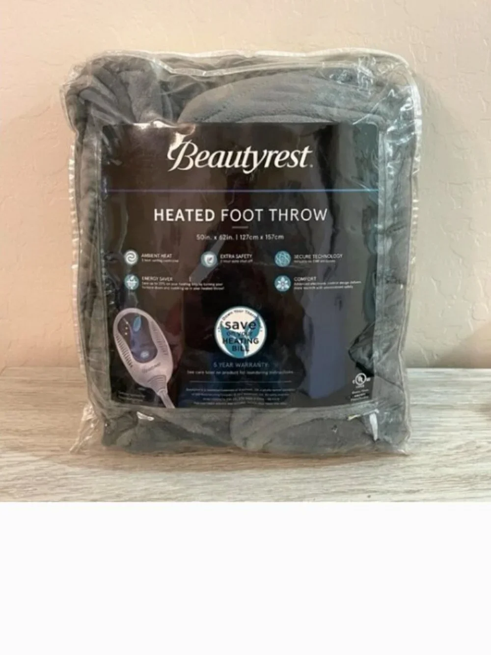 New Beautyrest Heated Throw Blanket Plush Super Soft Gray 50